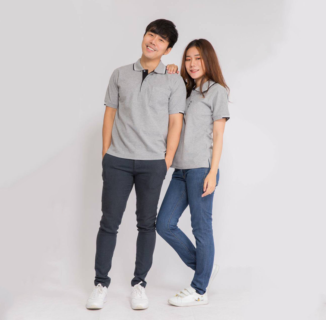 เสื้อโปโล สีเทาอ่อนขลิบดำ